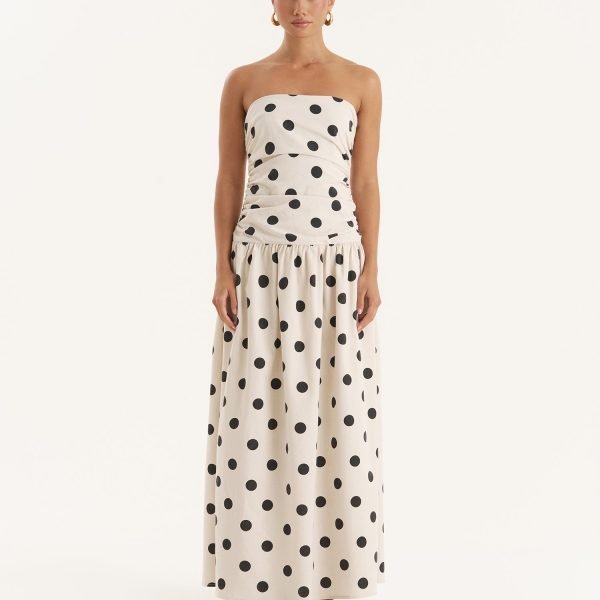 Polka Dot Linen Blend Bandeau Maxi Dress- Brona