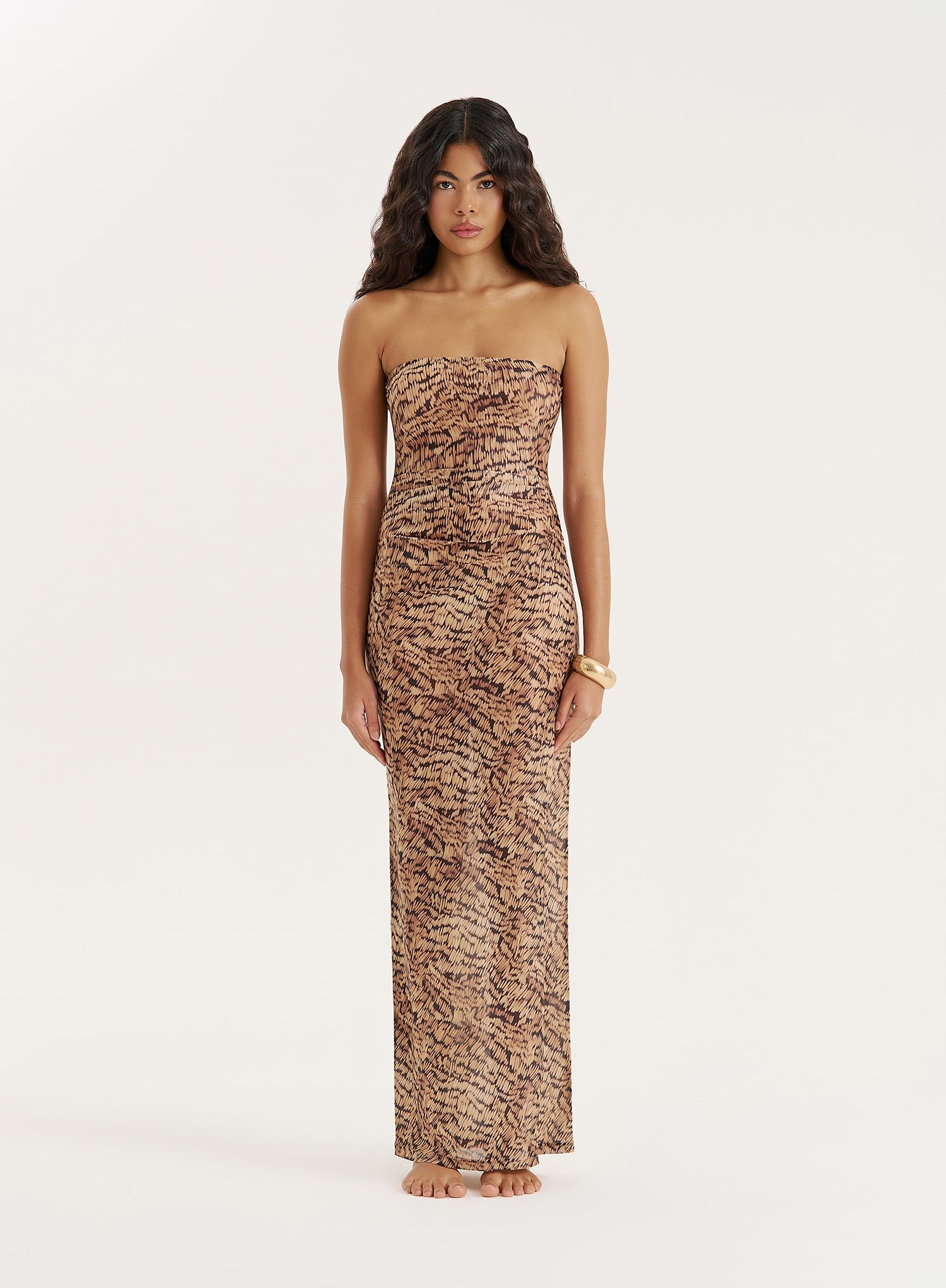 Abstract Print Sheer Bandeau Maxi Dress- Jean
