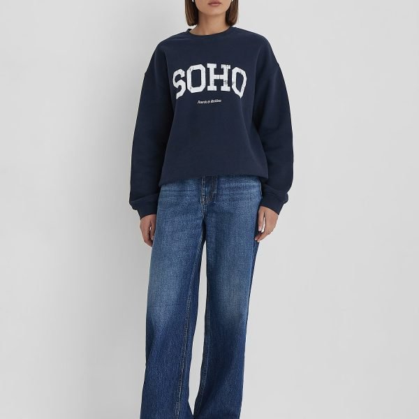 Navy Distressed Soho Slogan Classic Longline Sweatshirt- Bobbi