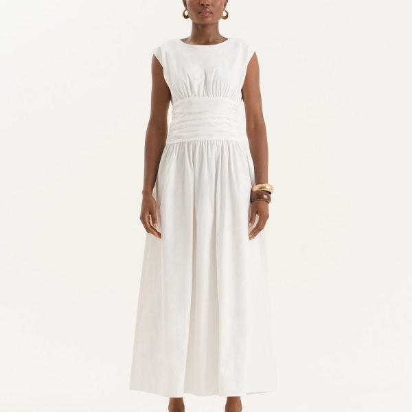 White Cotton Poplin Drop Waist Maxi Dress- Harper