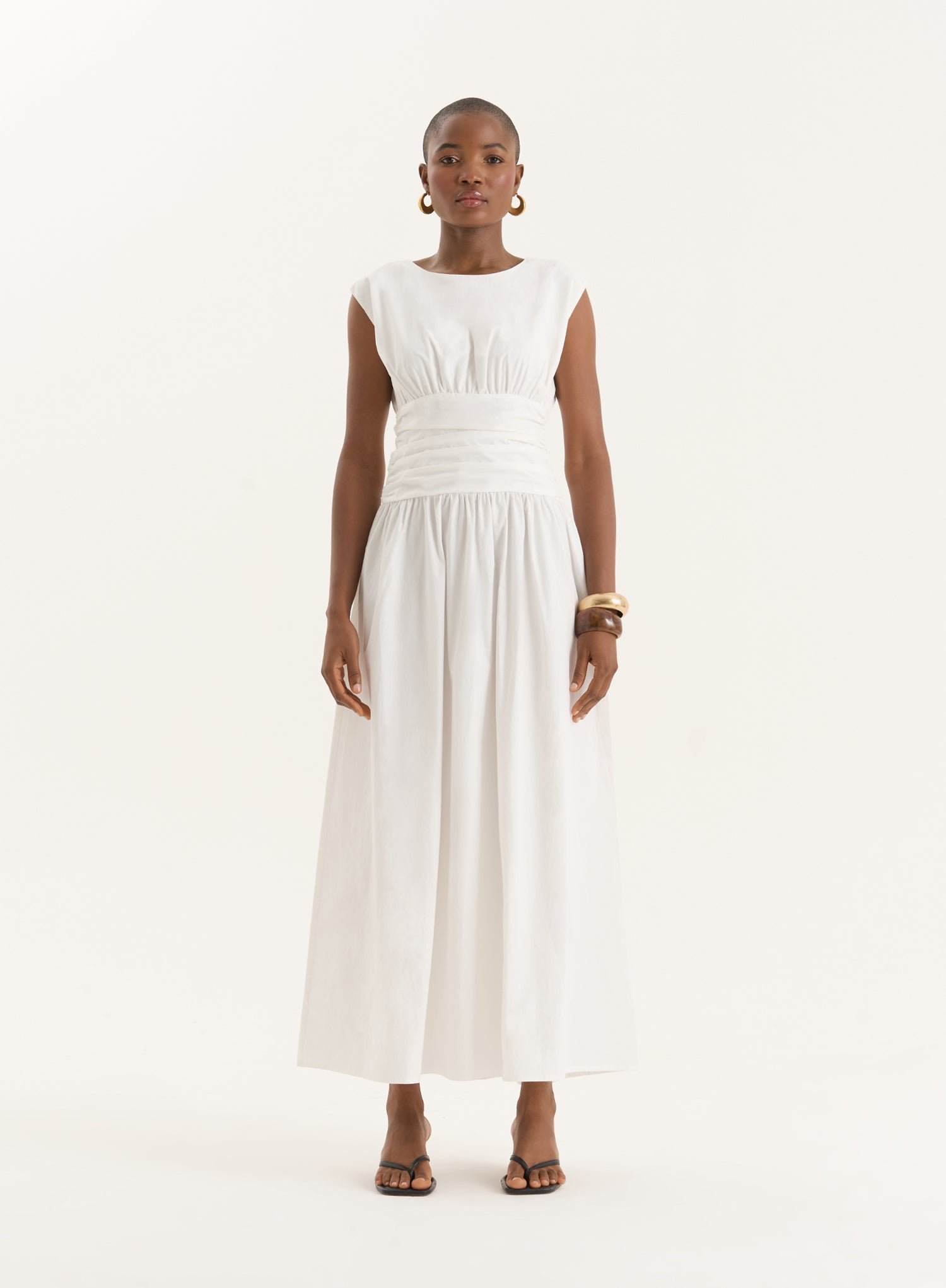 White Cotton Poplin Drop Waist Maxi Dress- Harper