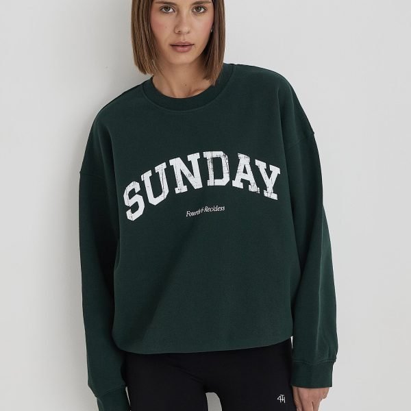 Green Distressed Sunday Slogan Oversized Sweatshirt- Amanda