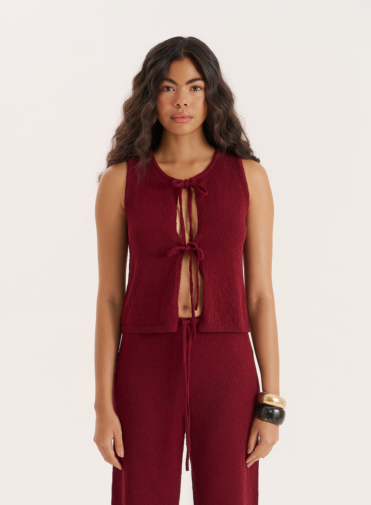 Burgundy Knitted Tie Front Sleeveless Top- Bria