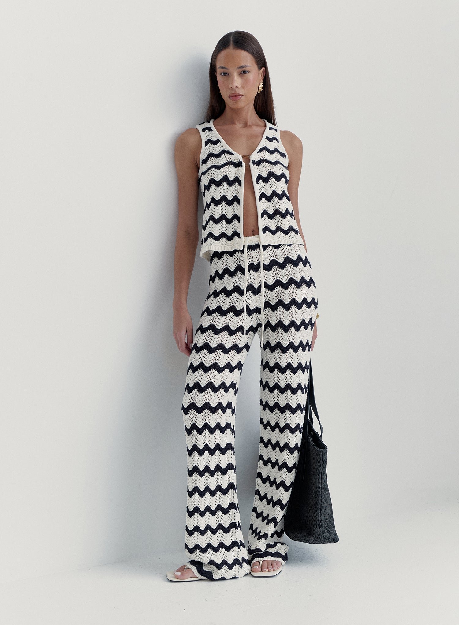 Second image of Navy And Cream Wave Crochet Trouser- Ana