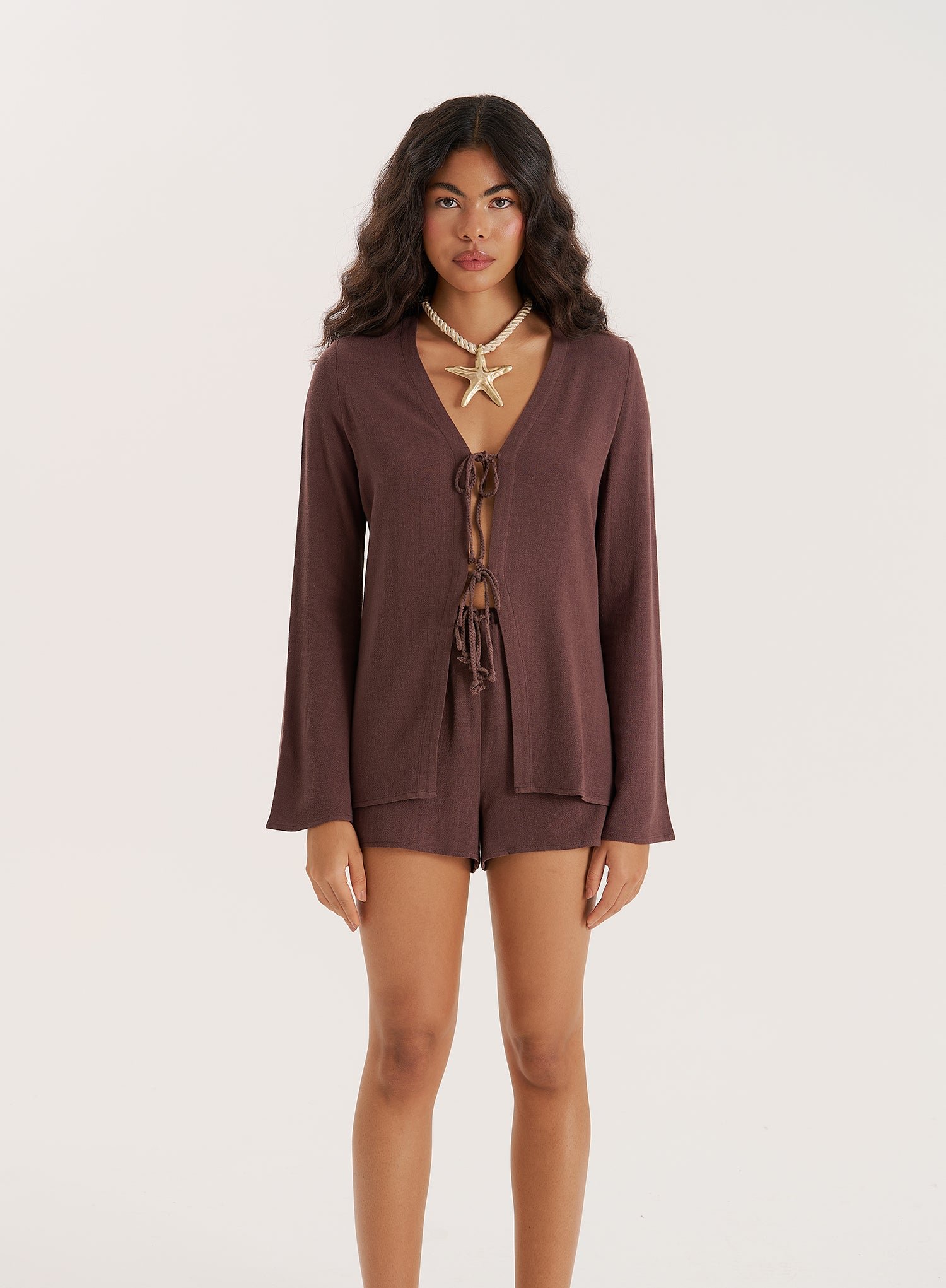 Chocolate Linen Blend Tie Front Top- Jules