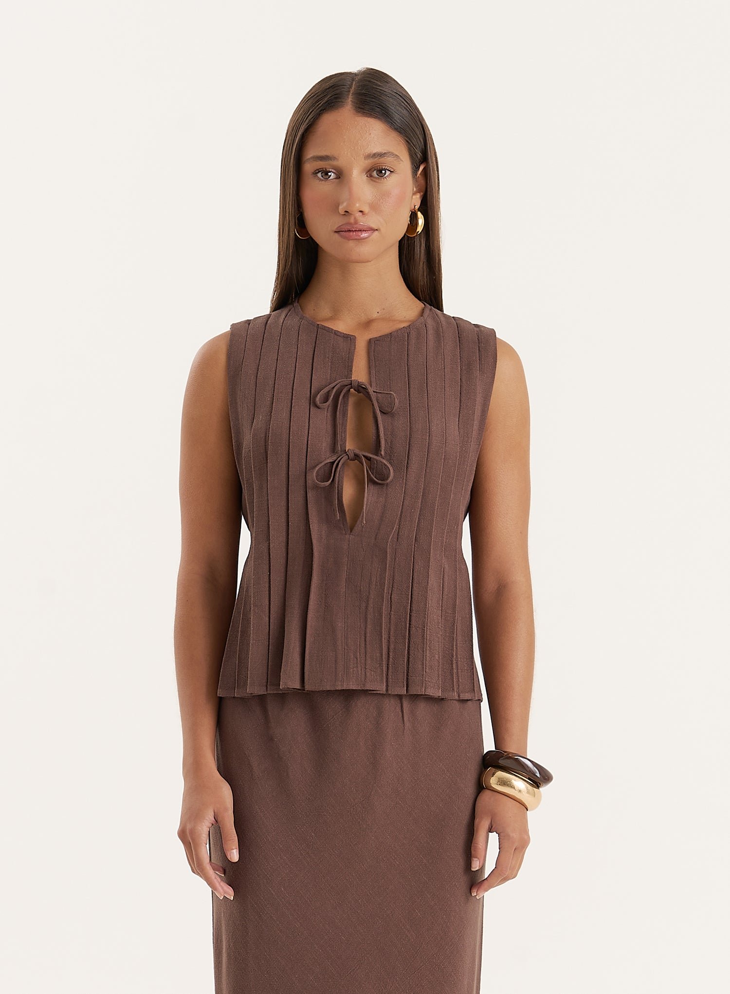 Chocolate Linen Blend Tie Front Top- Athena
