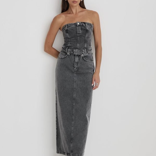 Washed Grey Denim Midaxi Skirt - Maxine
