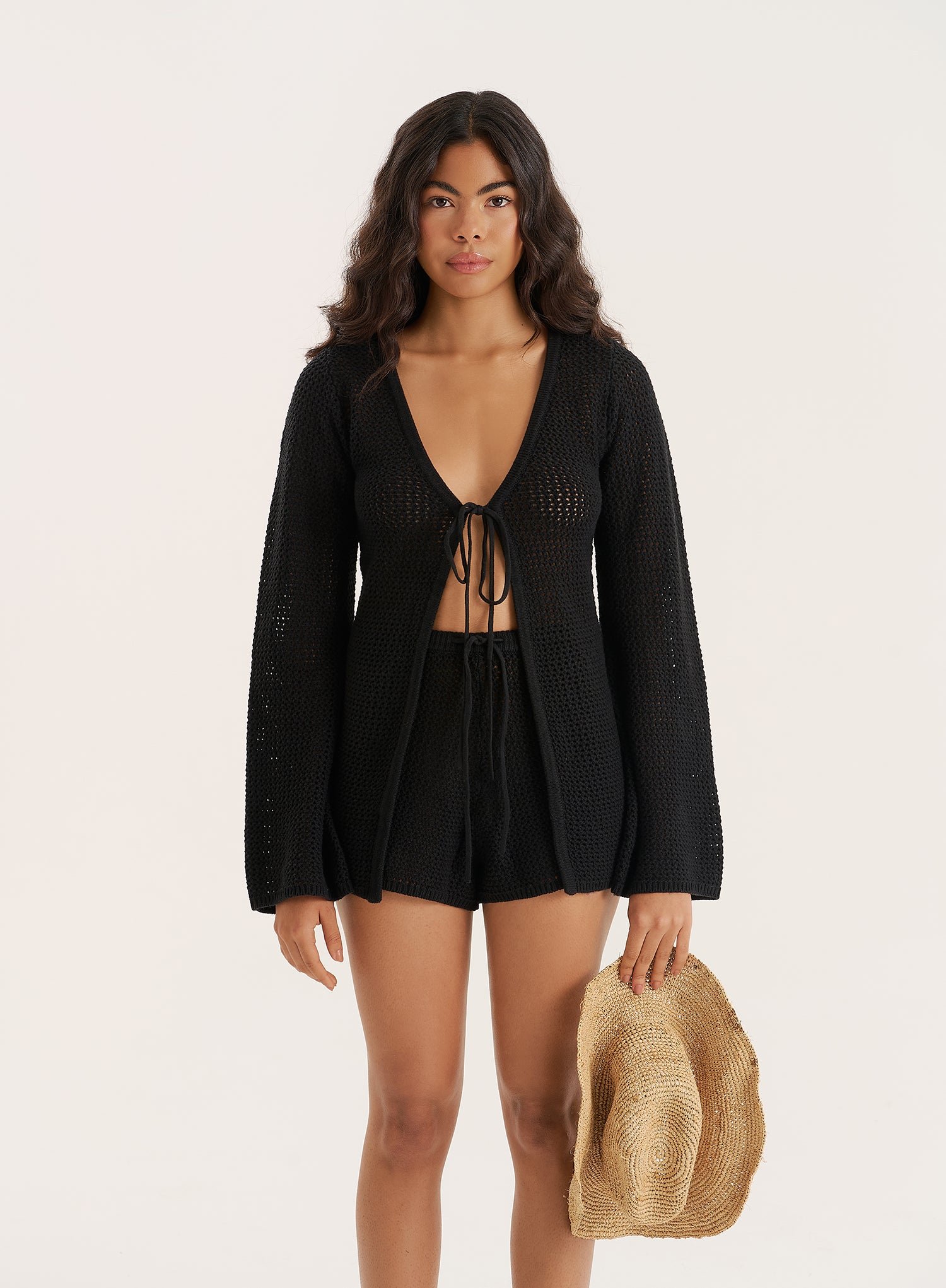 Black Crochet Tie Front Top- Antoine