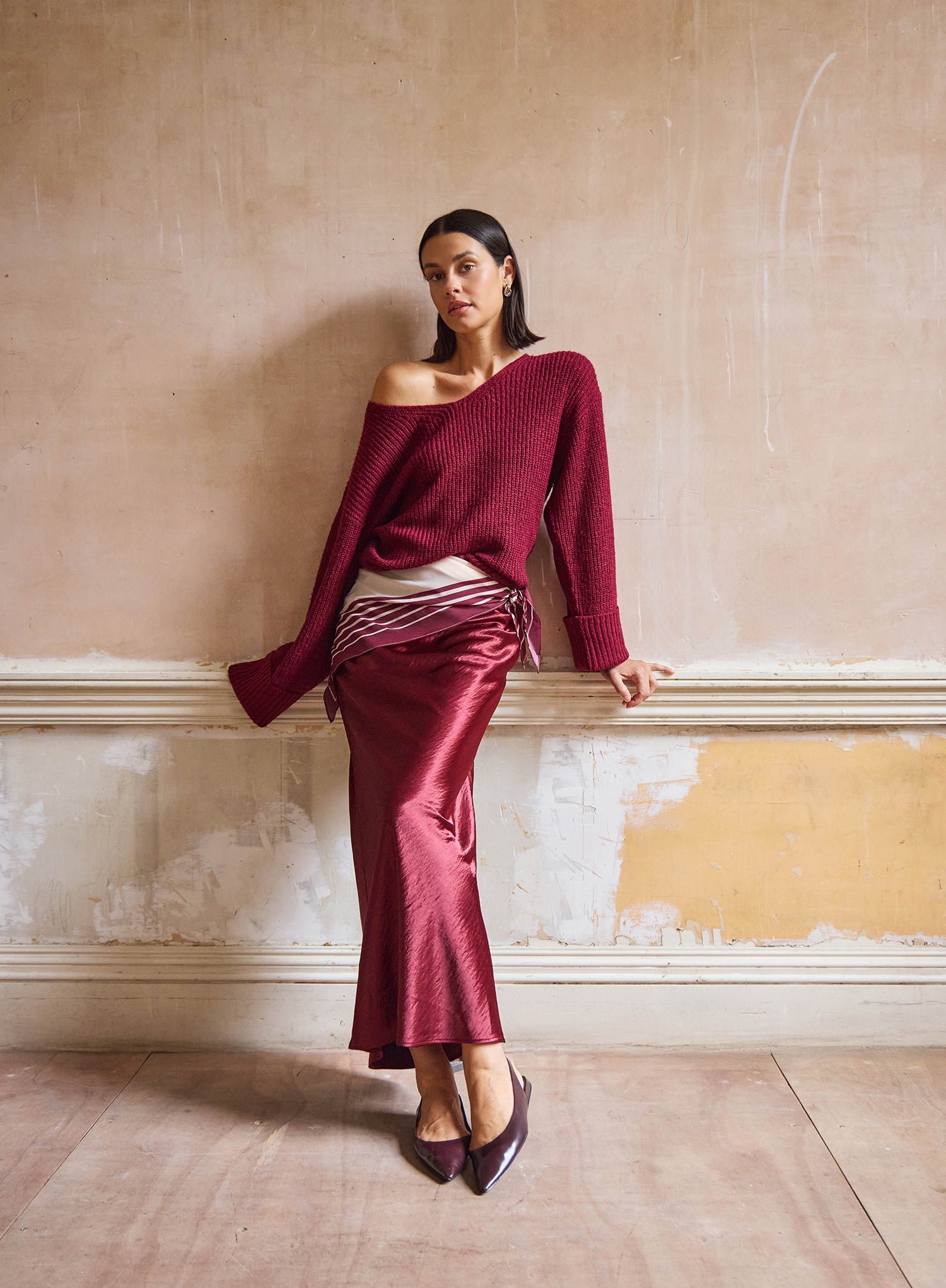 Second image of Burgundy Satin Maxi Skirt- Novah