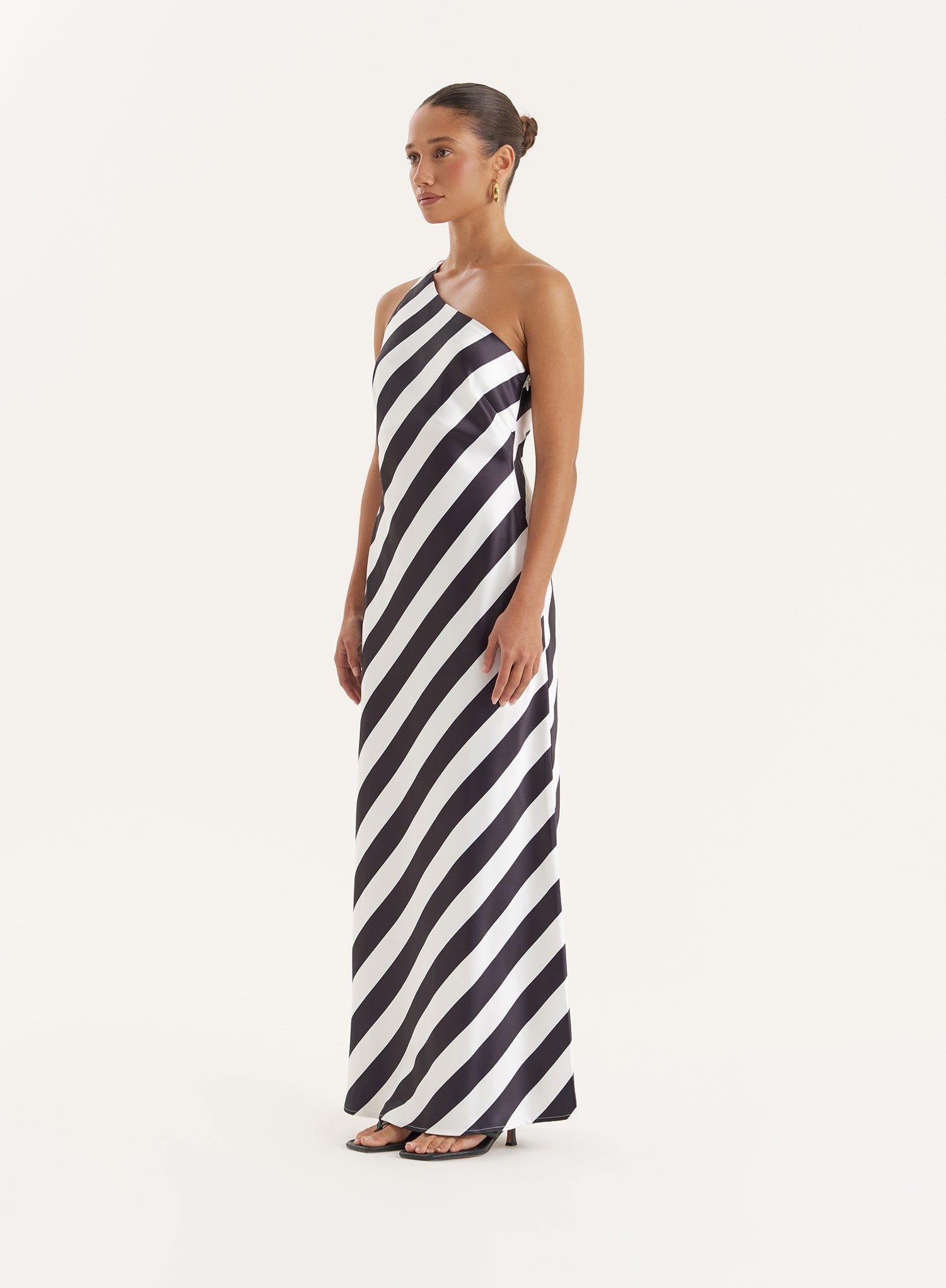 Second image of Stripe Print Satin One Shoulder Maxi Dress- Ellen