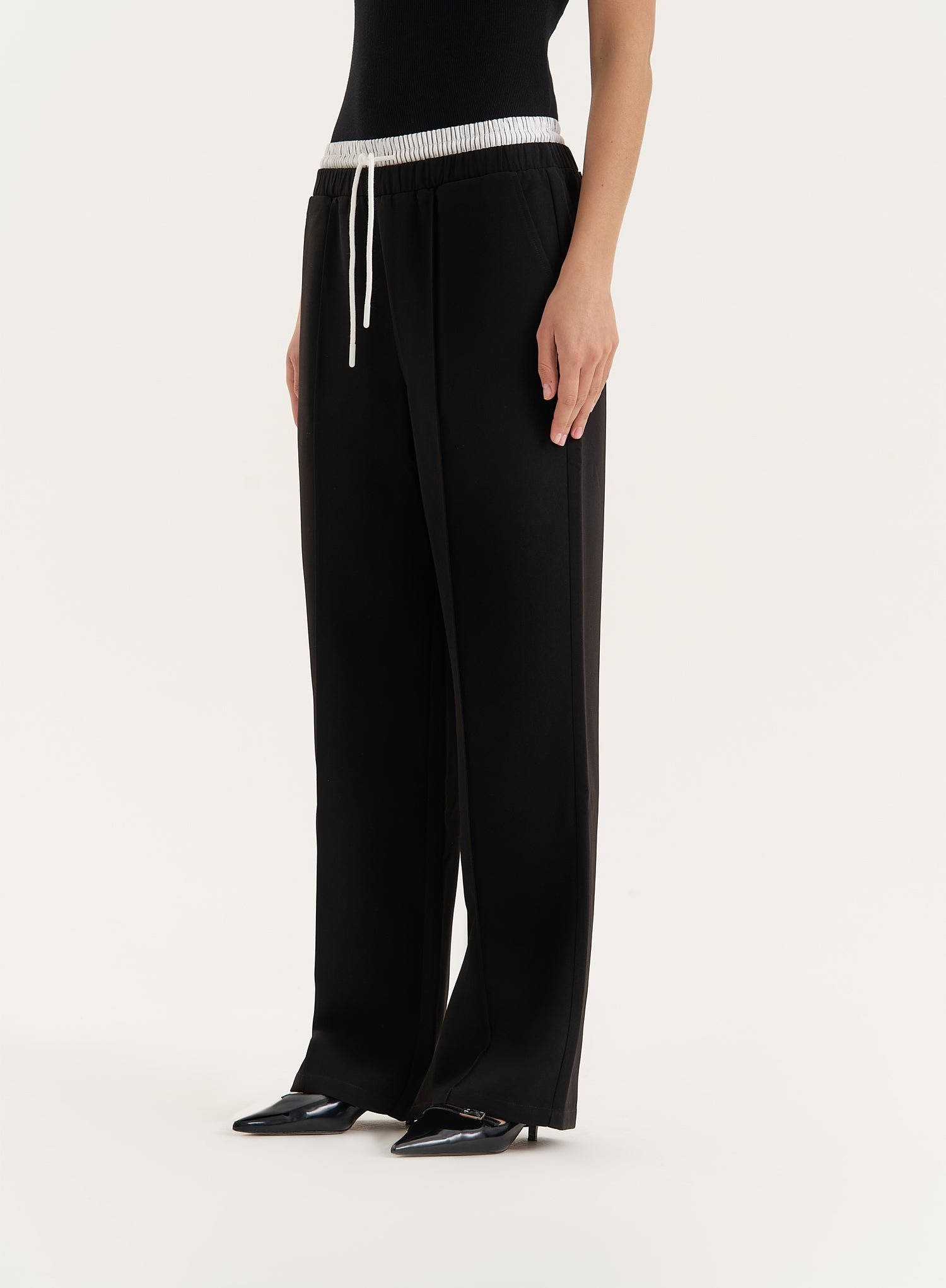 Second image of Black Contrast Waistband Straight Leg Trouser- Bianca