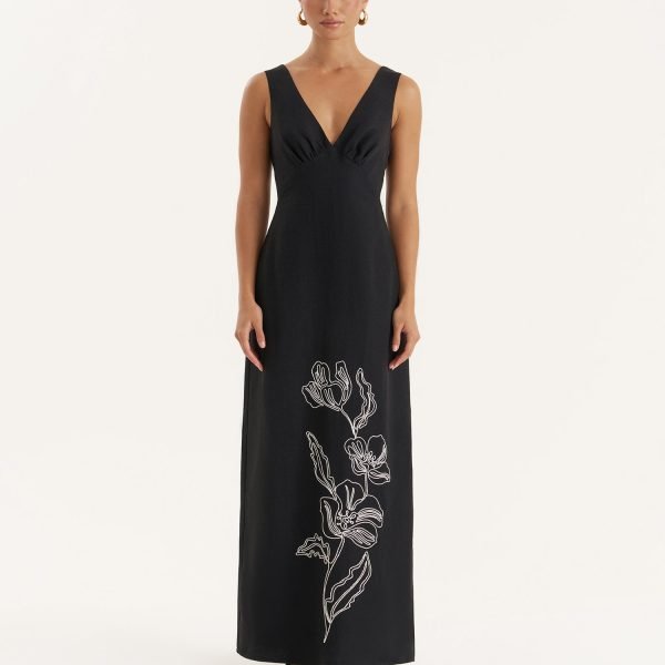 Black Floral Embroidered Maxi Dress- Simmi