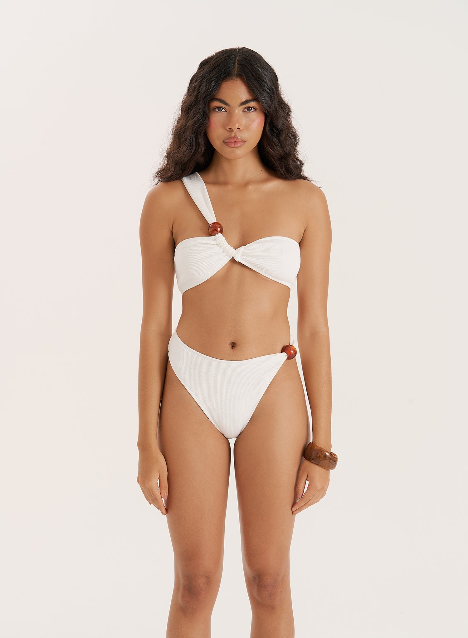 White Crinkle Bead Detail One Shoulder Bikini Top- Paula