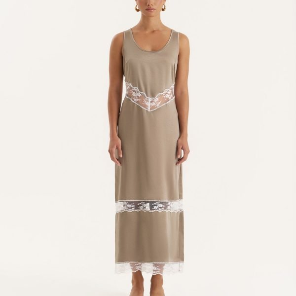 Khaki Satin Lace Cut Out Maxi Dress- Sander