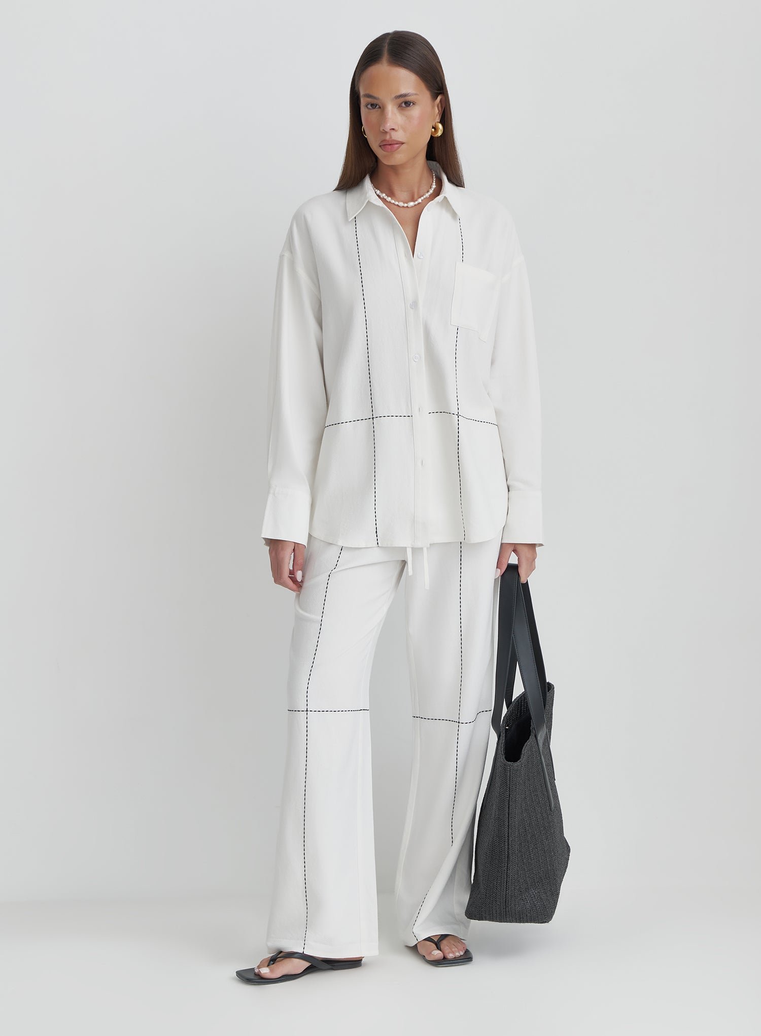 Second image of Off White Contrast Stitch Linen Oversized Shirt- Genevive