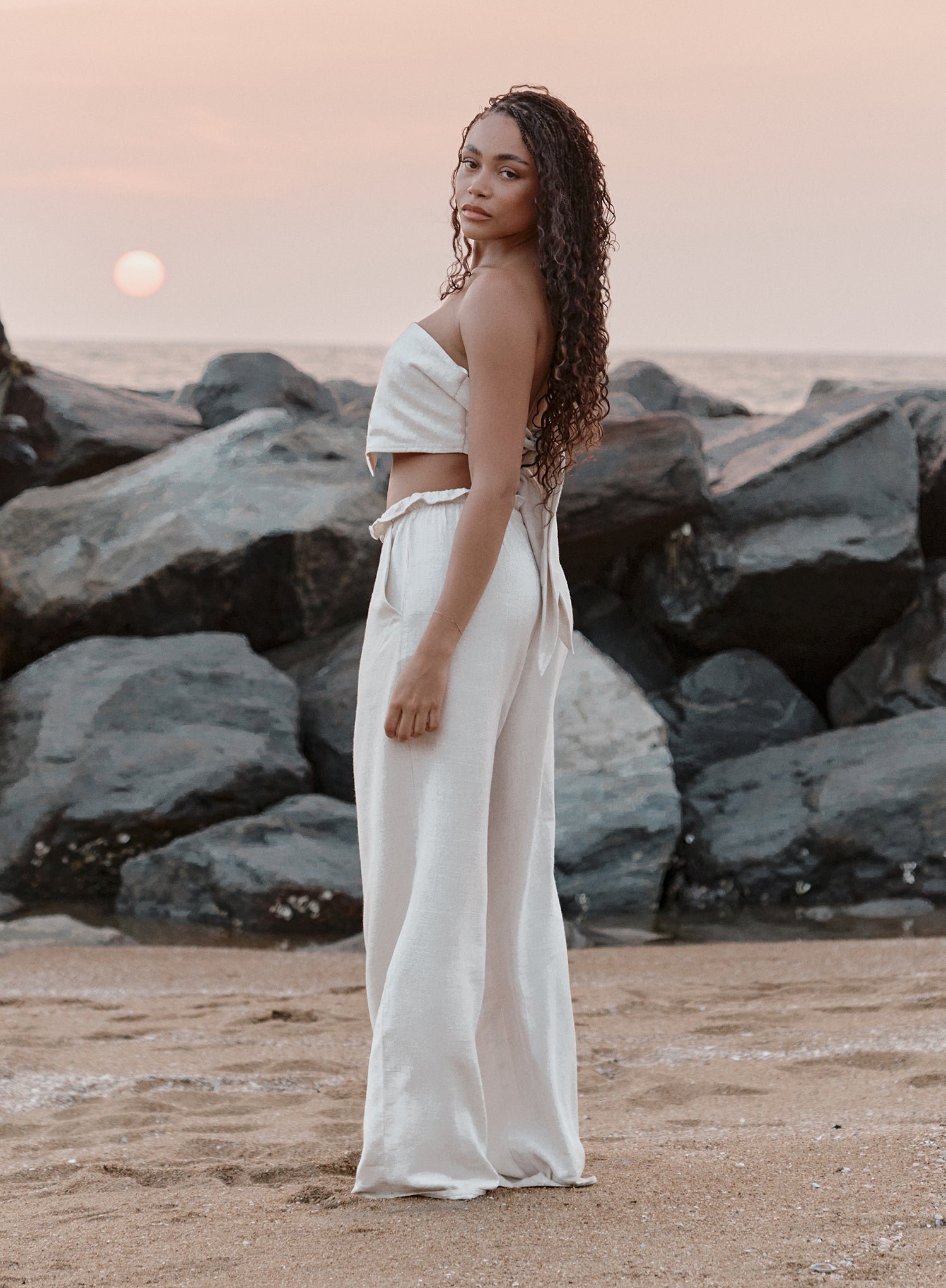 Second image of Beige Linen Drawstring Waist Trouser- Tulum