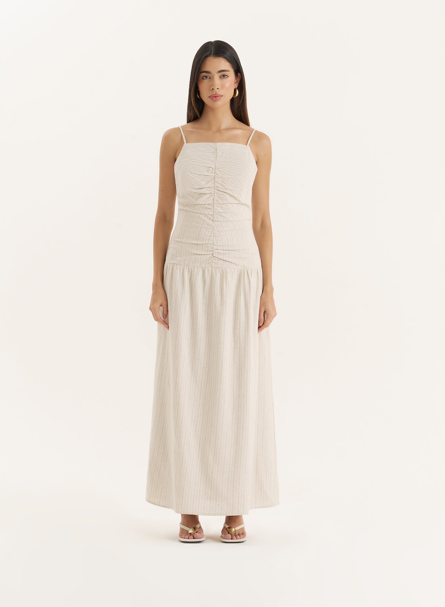 Beige Stripe Ruched Detail Drop Waist Dress- Fliss