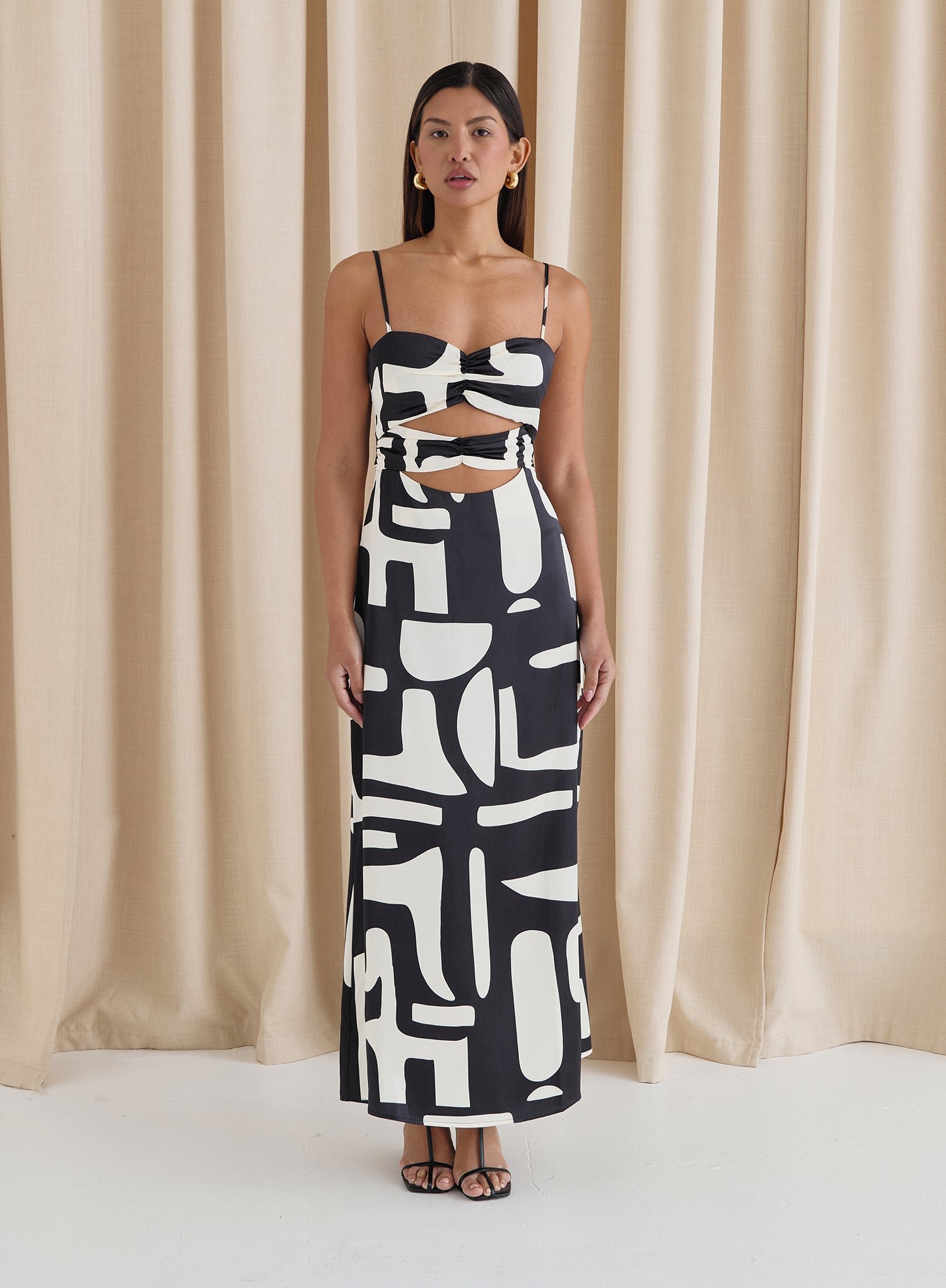 Second image of Abstract Print Satin Cut Out Detail Dress- Debora