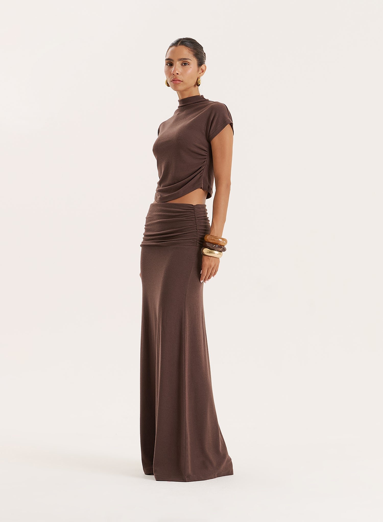 Second image of Chocolate Jersey Drop Waist Maxi Skirt- Elouisa