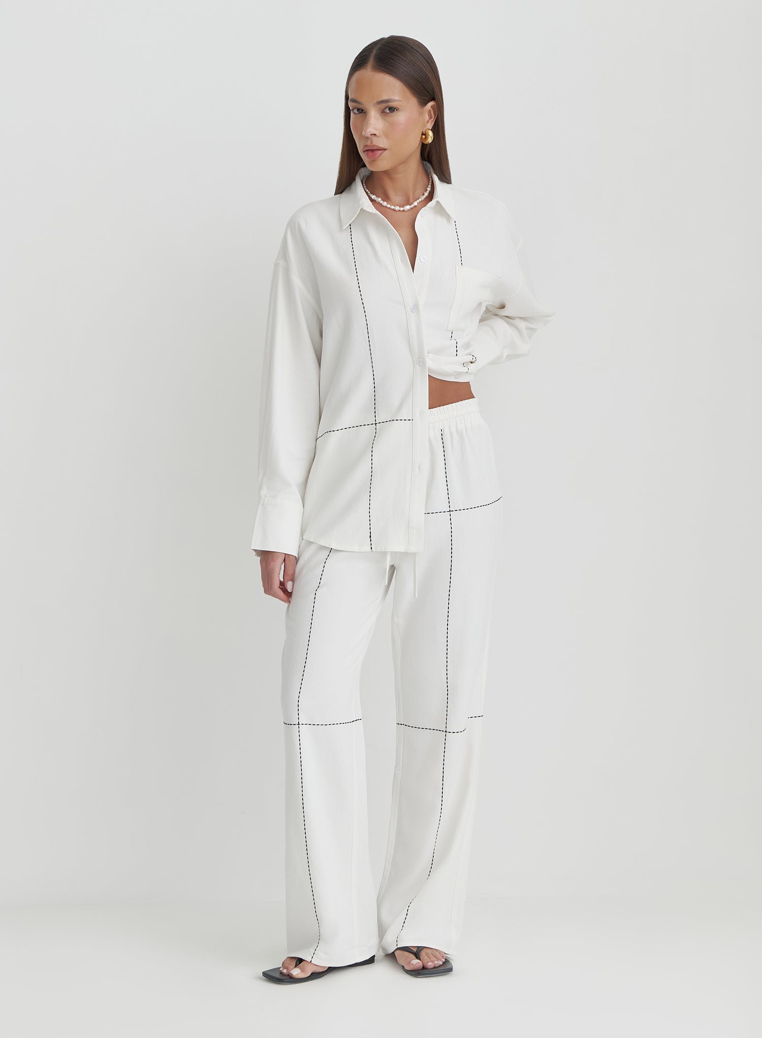 Second image of Off White Contrast Stitch Linen Trouser- Genevive