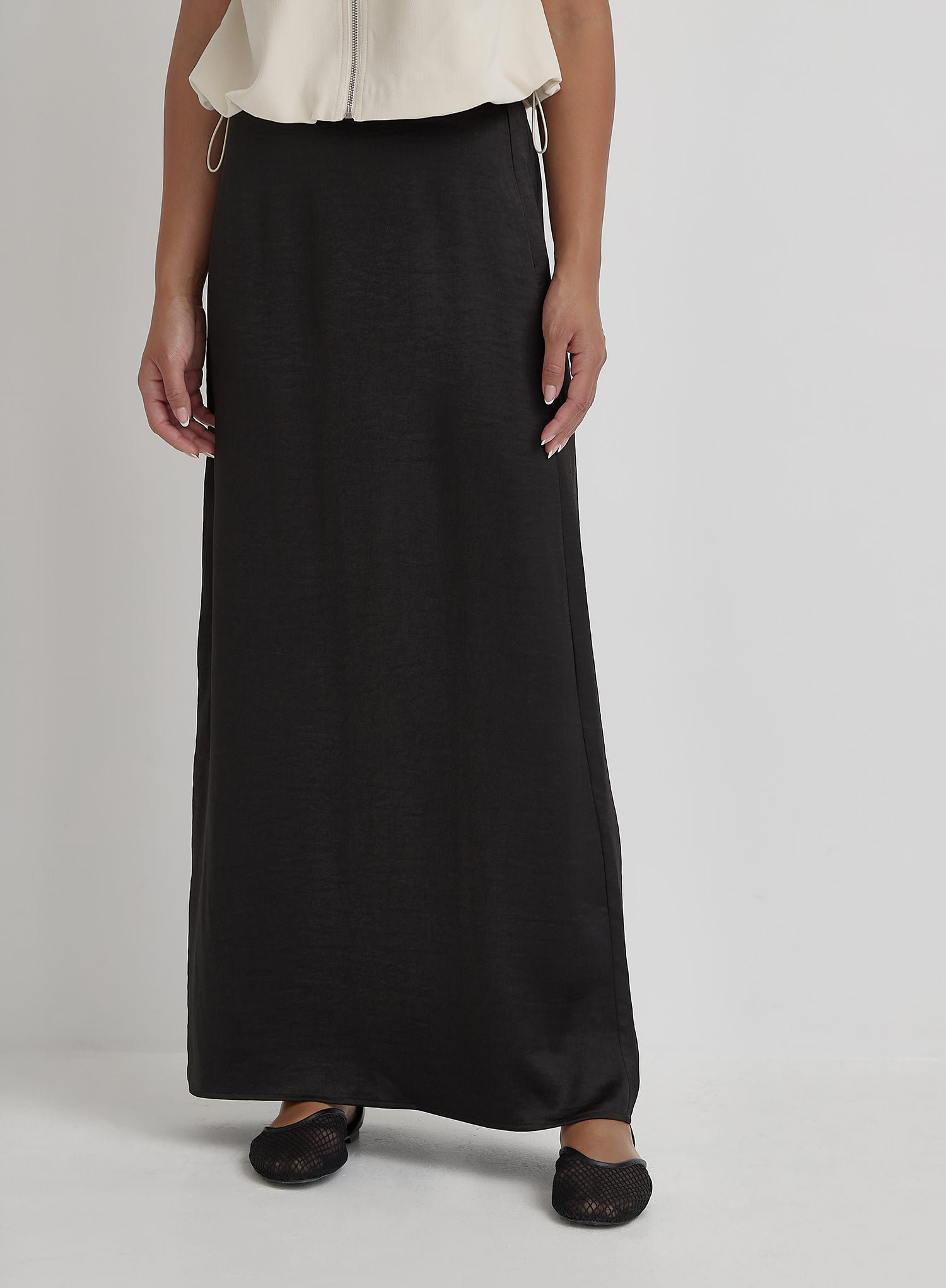 Second image of Black Satin Back Split Maxi Skirt- Alis