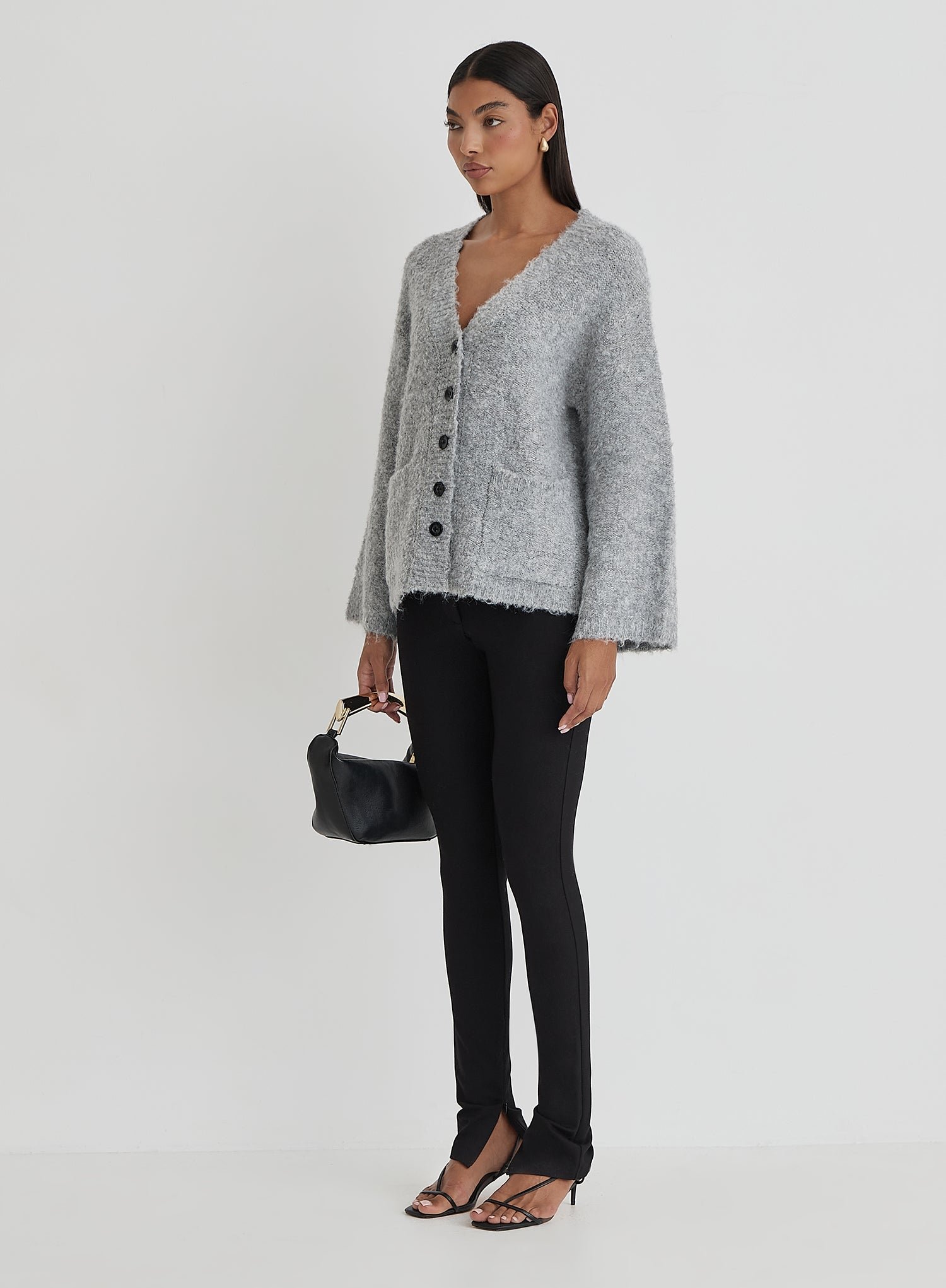 Second image of Grey Brushed Knit Cardigan- Lidia