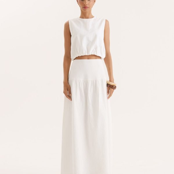 White Cotton Drop Waist Maxi Skirt- Selene