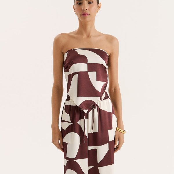 Chocolate Abstract Print Satin Bandeau Top- Bradie