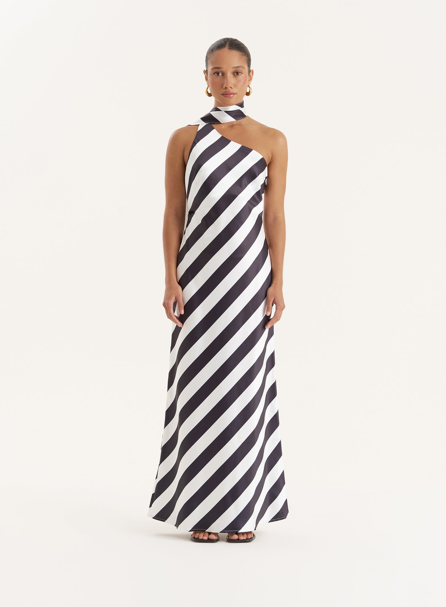 Stripe Print Satin One Shoulder Maxi Dress- Ellen