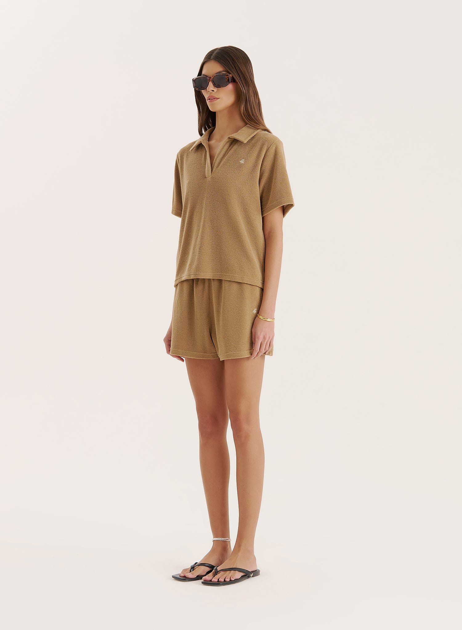 Second image of Camel Towelling Short Sleeve Polo Top- Zita