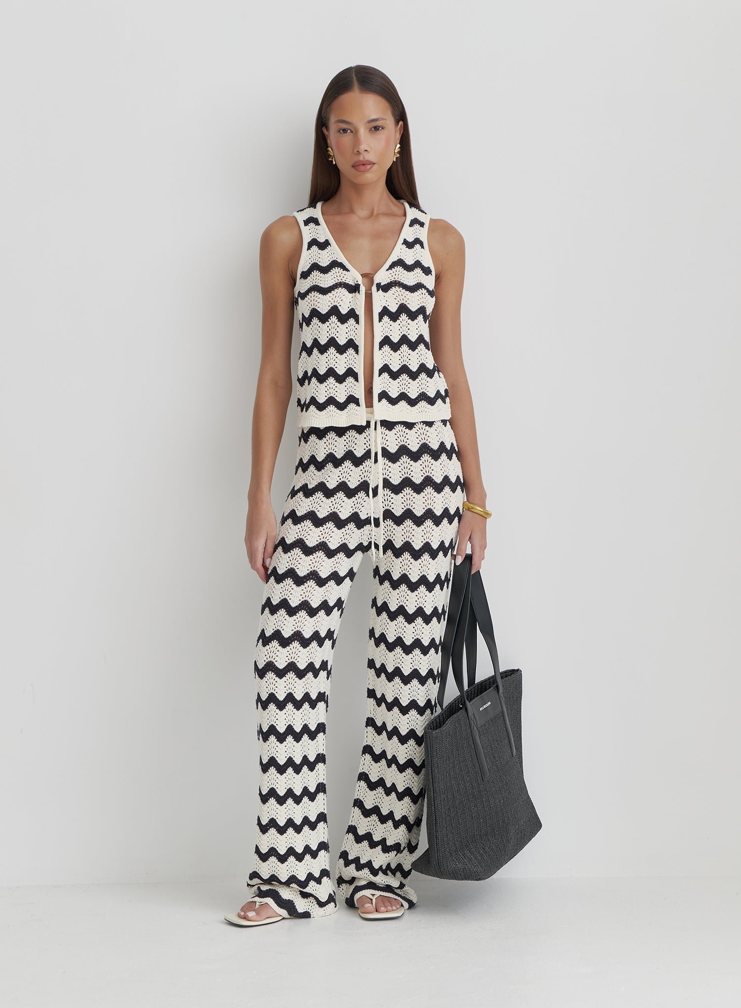 Second image of Navy And Cream Wave Crochet Tie Side Top- Ana