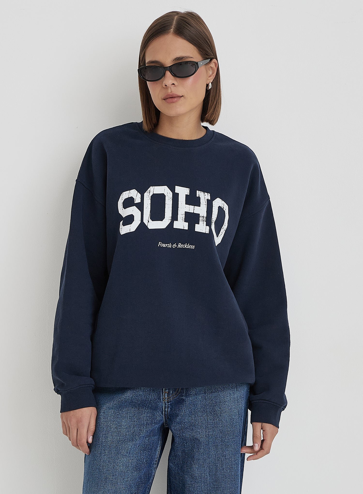 Second image of Navy Distressed Soho Slogan Classic Longline Sweatshirt- Bobbi