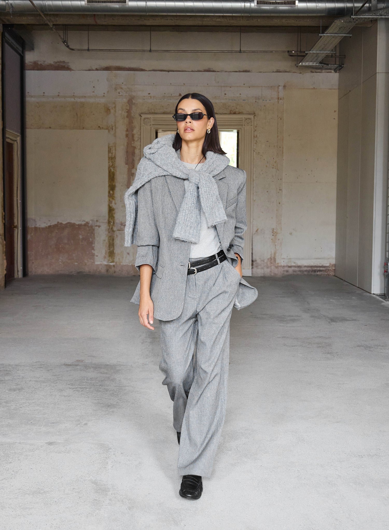 Second image of Grey Belted Tailored Wide Leg Trouser-Mira