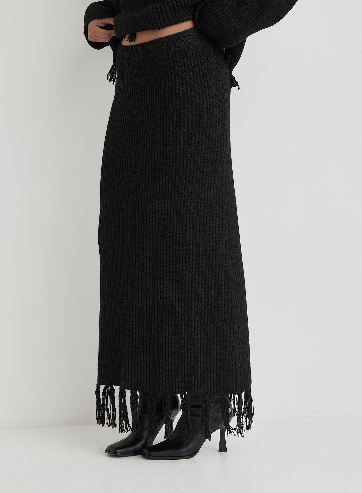 Second image of Black Knit Tassle Trim Maxi Skirt- Fallon