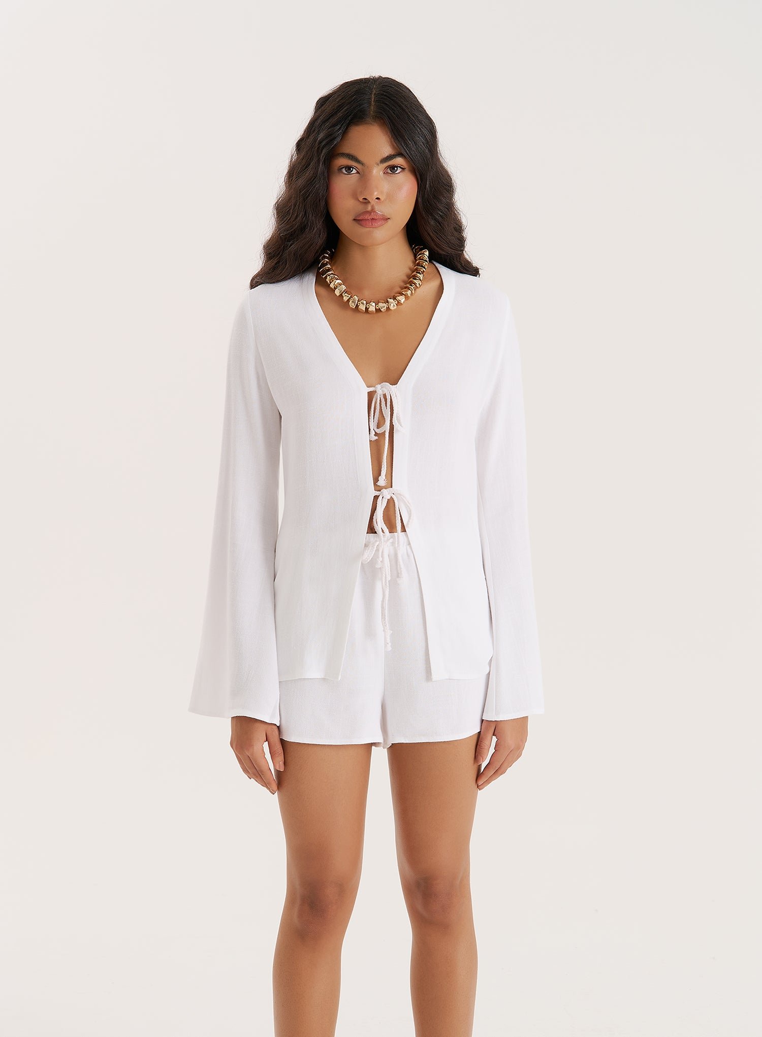 White Linen Blend Tie Front Top- Jules