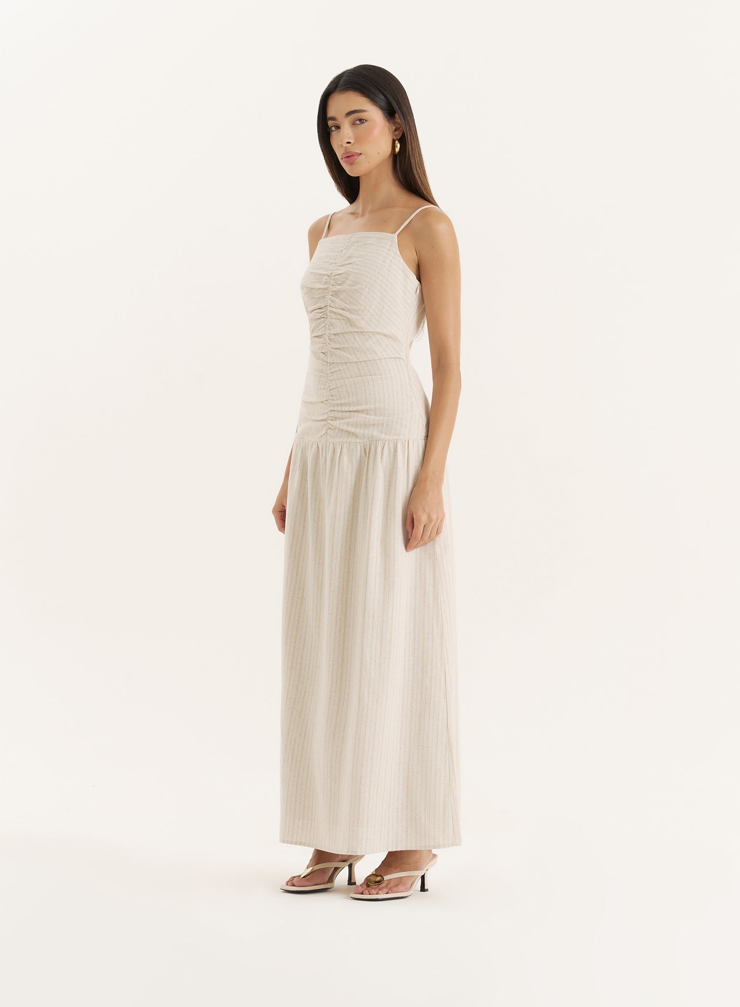 Second image of Beige Stripe Ruched Detail Drop Waist Dress- Fliss