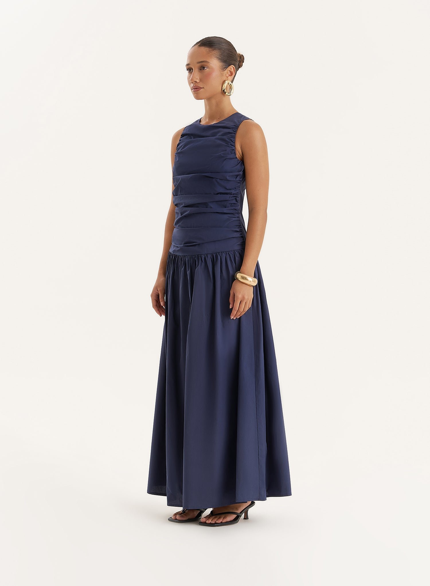 Second image of Navy Cotton Poplin Drop Waist Maxi Dress- Zendaya
