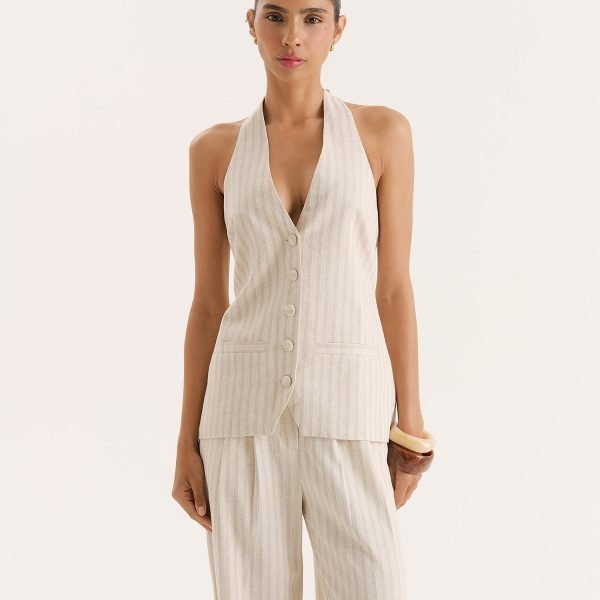 Stripe Halterneck Linen Blend Waistcoat- Layne
