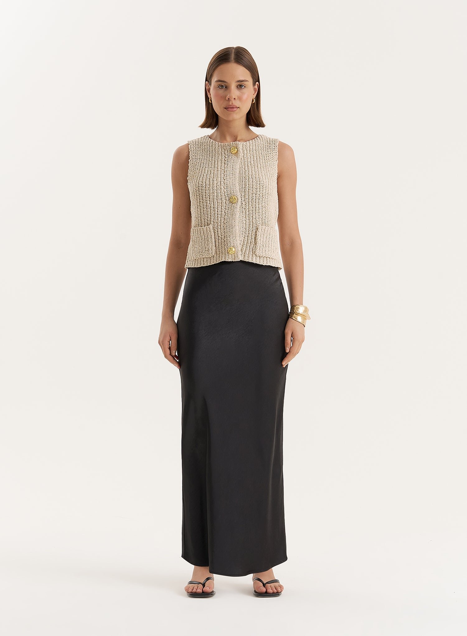 Second image of Beige Boucle Knit Sleeveless Waistcoat- Kristy