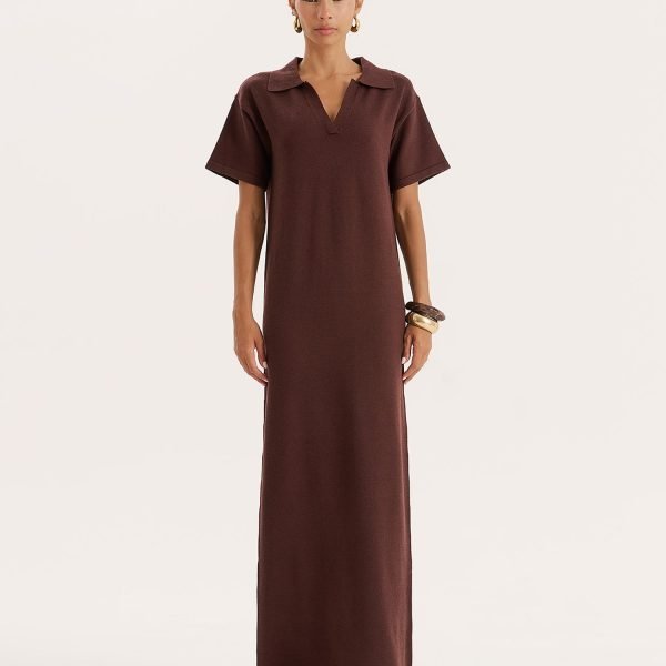 Chocolate Knitted Rugby Maxi Dress- Esme