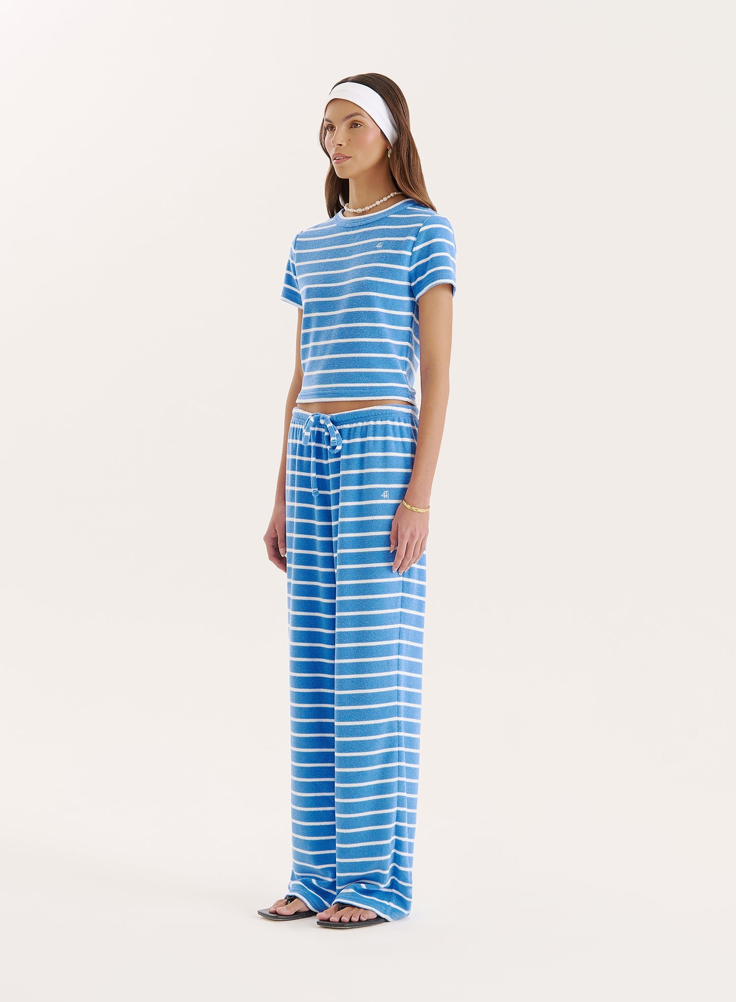 Second image of Blue Stripe Towelling Short Sleeve Top- Livia