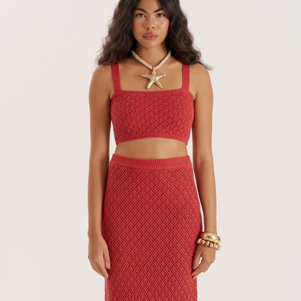 Red Crochet Knit Cami Crop Top- Sierra