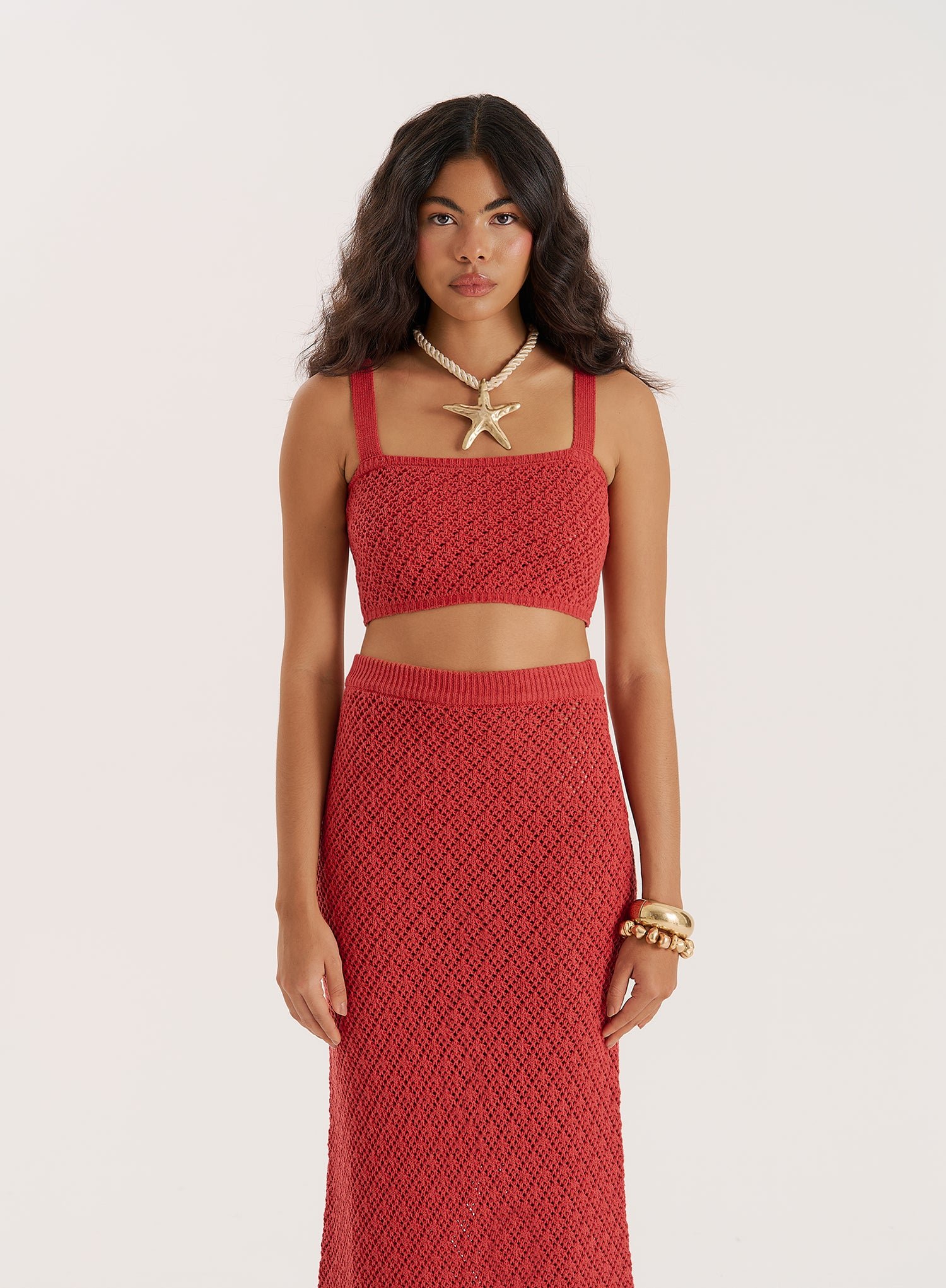Red Crochet Knit Cami Crop Top- Sierra