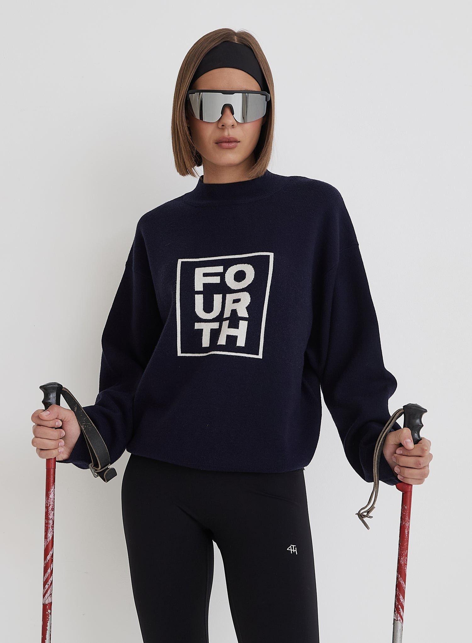 Second image of Navy Funnel Neck Branded Cropped Jumper- Valene