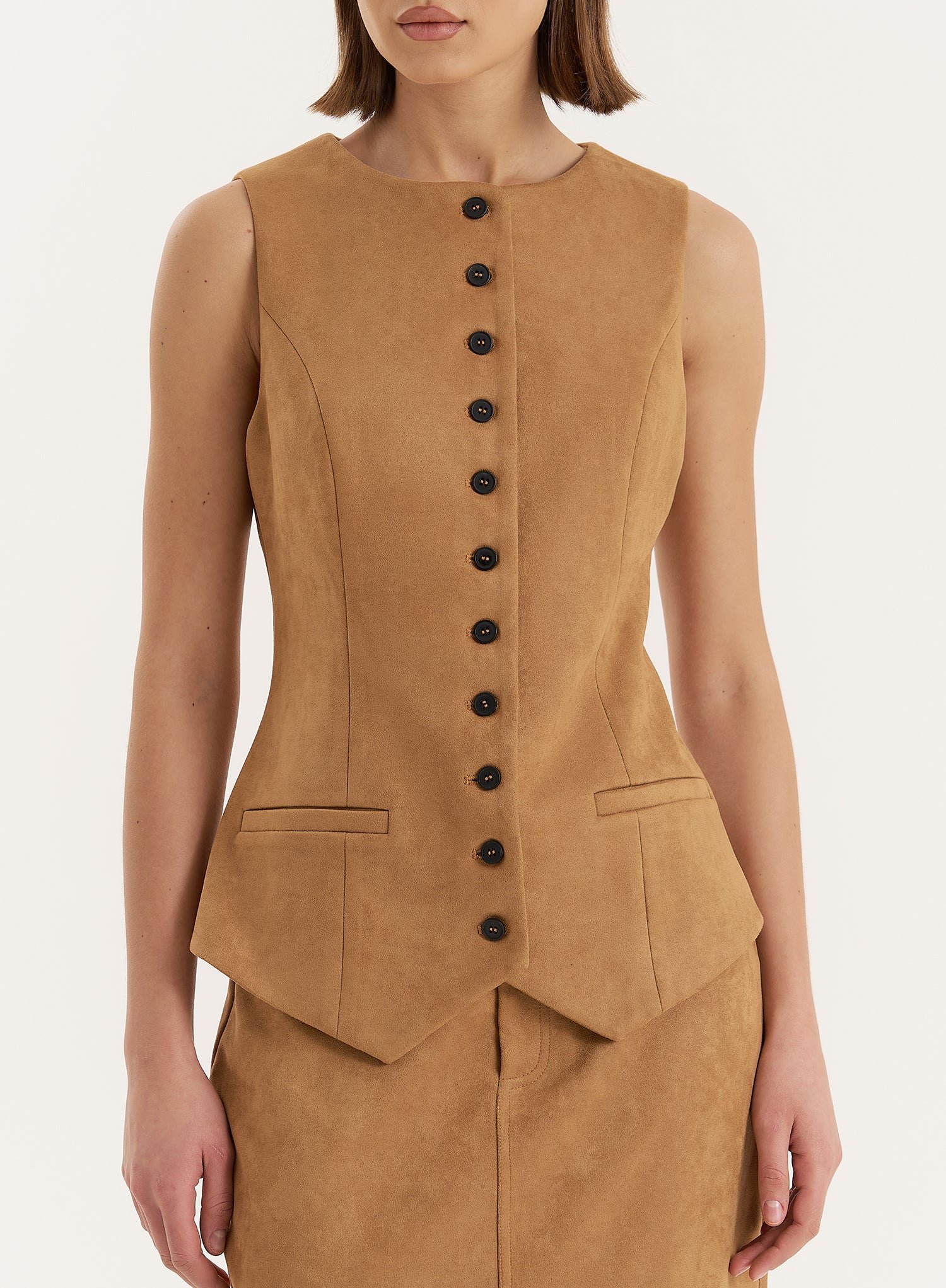Second image of Tan Faux Suede Tailored Waistcoat- Briella