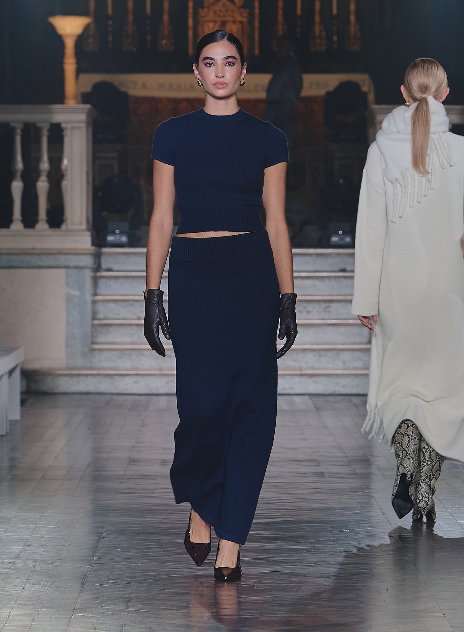 Second image of Navy Knitted Maxi Skirt- Sandi