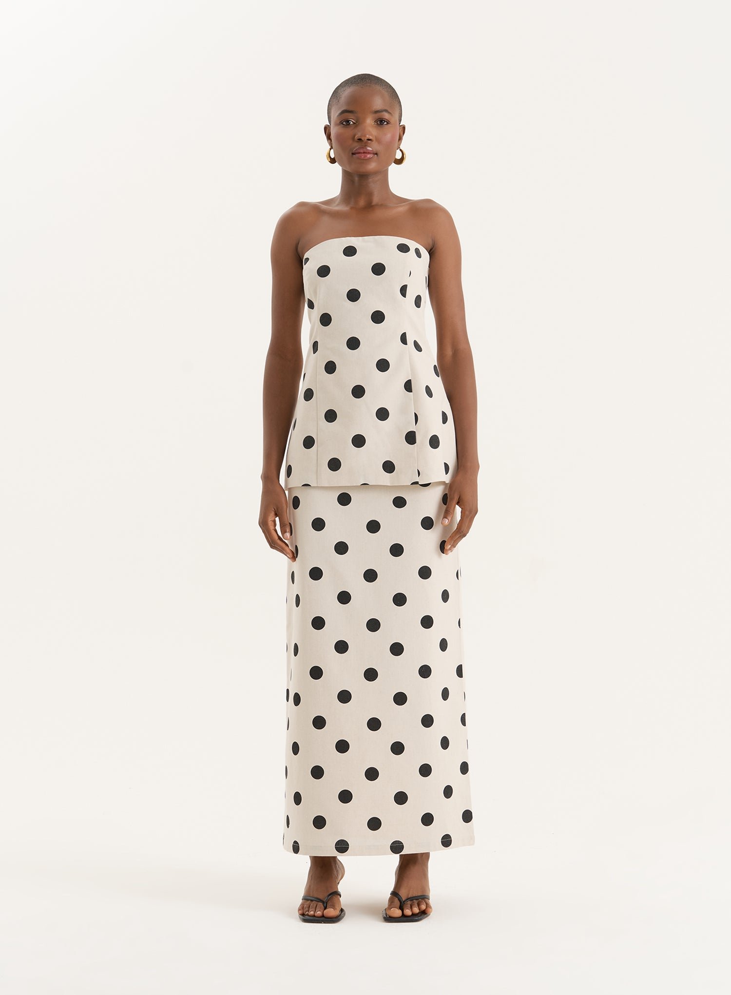 Polka Dot Printed Linen Blend Maxi Skirt- Clementine