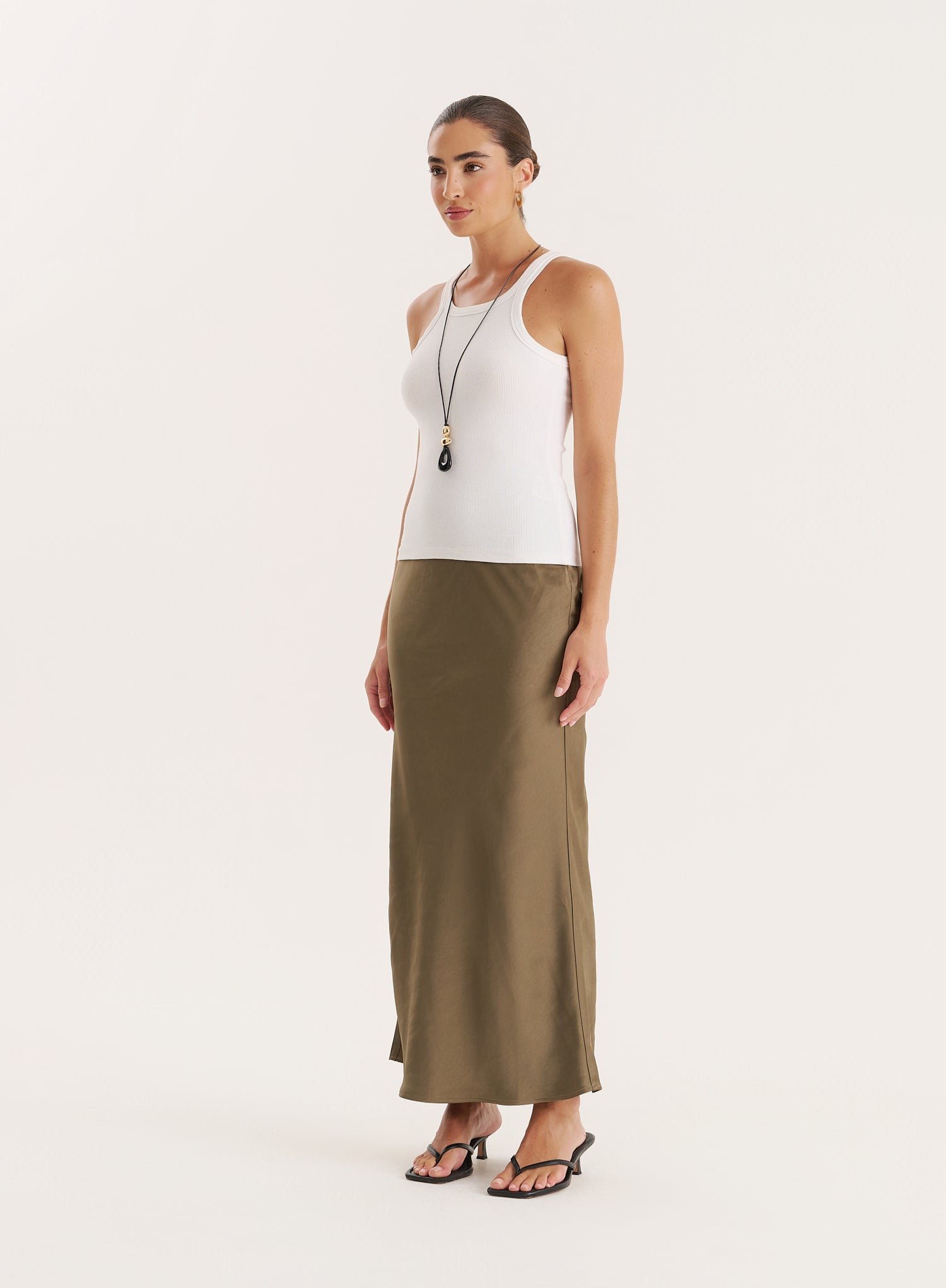 Second image of Khaki Satin Maxi Skirt- Novah