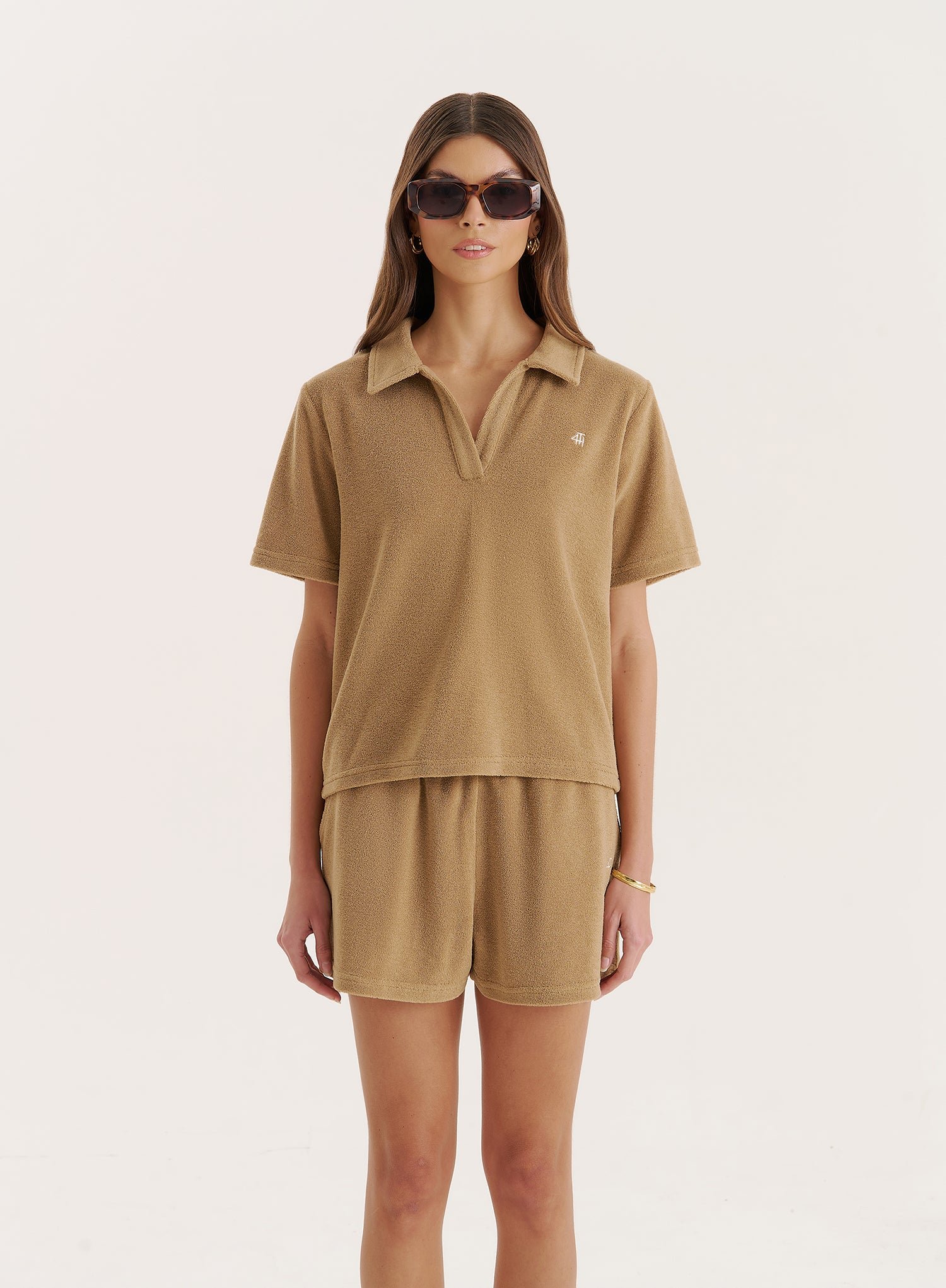 Camel Towelling Short Sleeve Polo Top- Zita