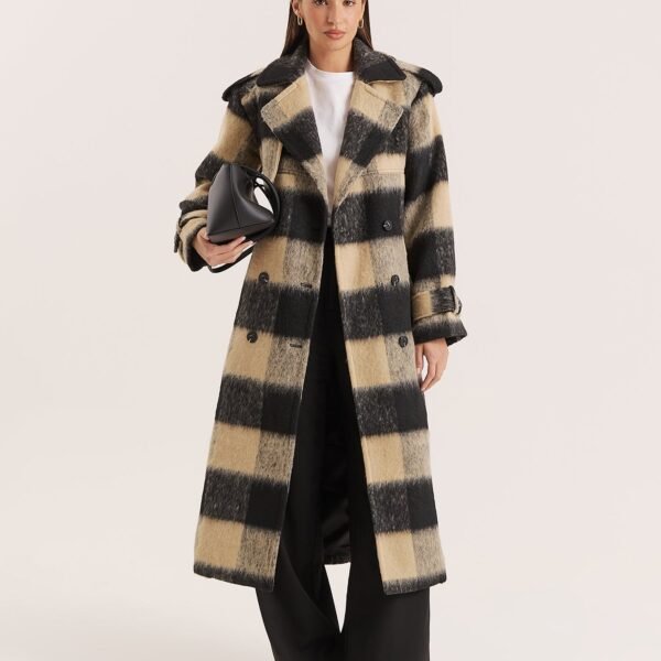 Black And Beige Wide-Checked Belted Trench Coat- Carey